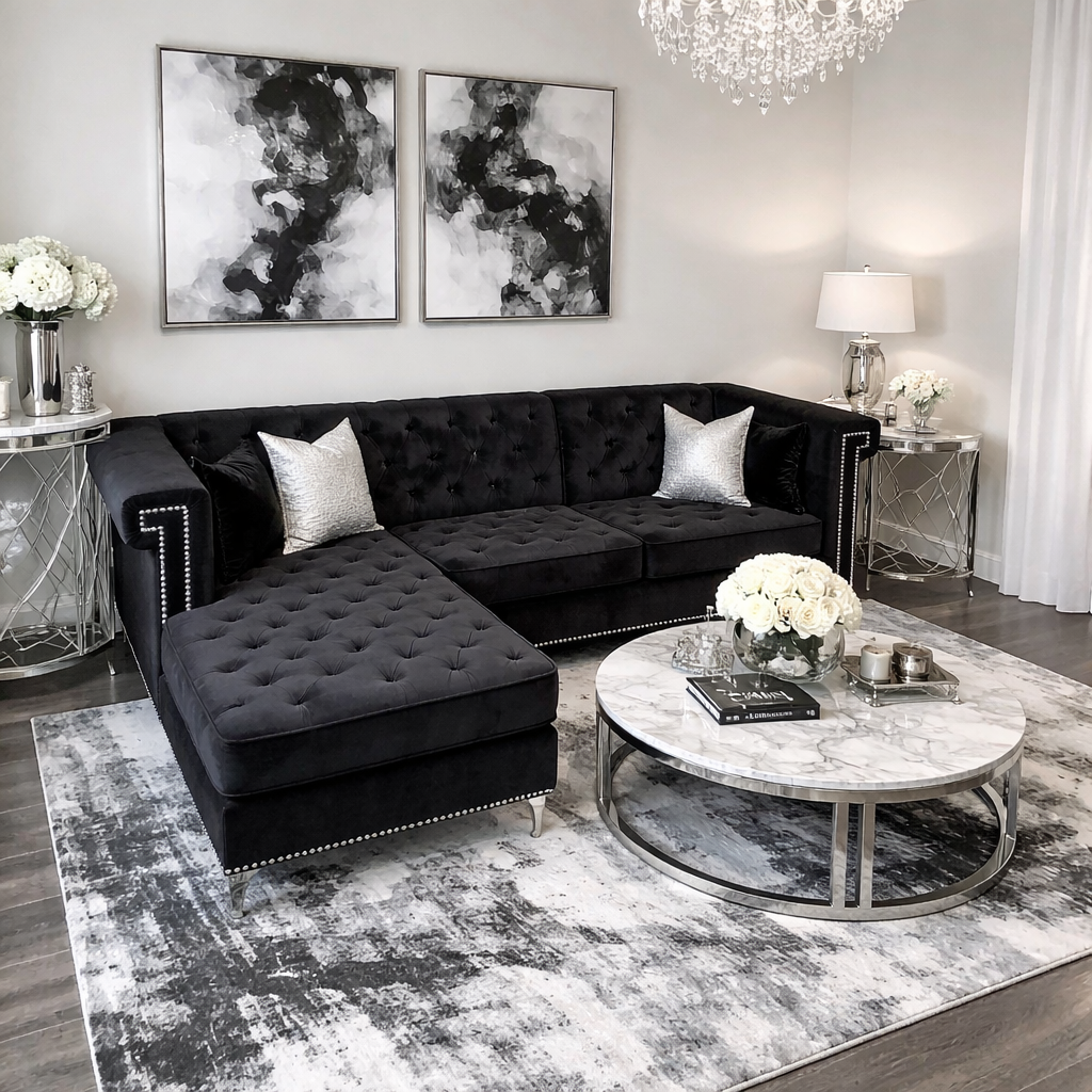 Black velvet Tufted L-Shaped Couch