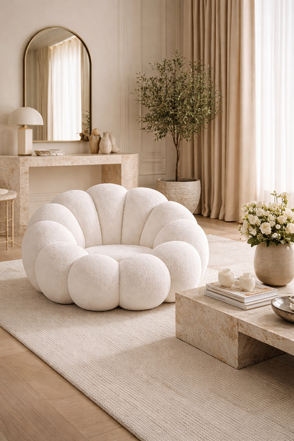 Modern White Accent Cloud-Nest Boucle Lounge Chair